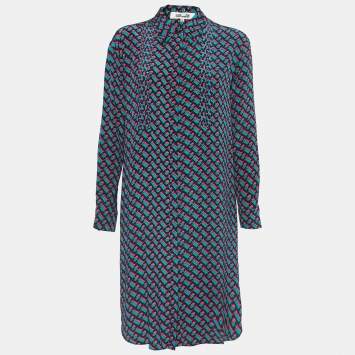 Pre Owned Diane Von Furstenberg Multicolor Printed Crepe Pleated Shirt Dress S