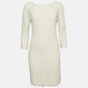 Pre Owned Diane Von Furstenberg Cream Lace Mini Zarita Dress M