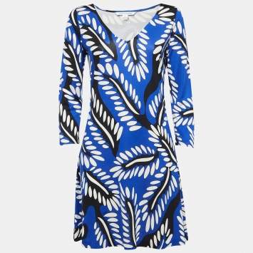 Pre Owned Diane Von Furstenberg Blue Printed Jersey Kaden Dress M