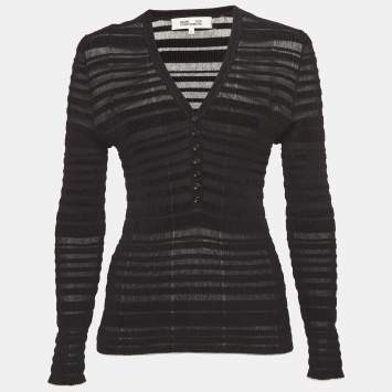 Pre Owned Diane Von Furstenberg Black Patterned Knit Sweater Top M