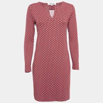 Pre Owned Diane Von Furstenberg Red Printed Knit Full Sleeves Mini Dress S