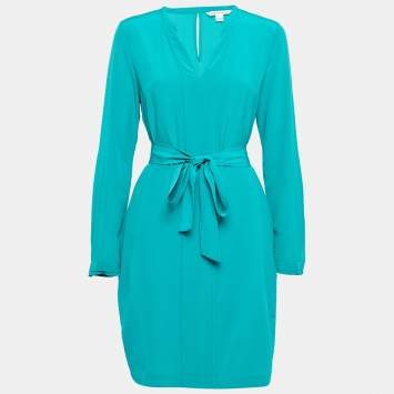 Pre Owned Diane Von Furstenberg Green Silk Crepe Neck Tie Short Dress S