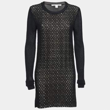 Pre Owned Diane Von Furstenberg Black Lace & Jersey Mini Dress S