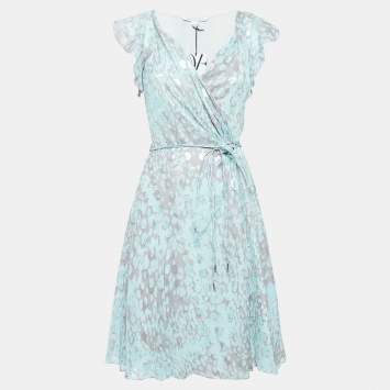 Pre Owned Diane Von Furstenberg Grey/Blue Printed Silk Delancey Wrap Dress S
