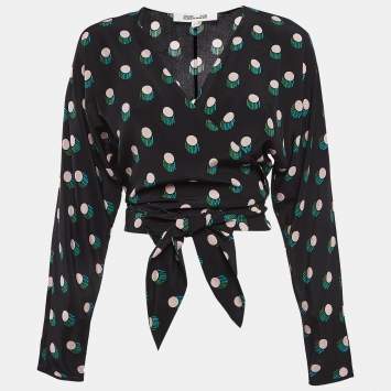Pre Owned Diane Von Furstenberg Black Printed Tie-Up Crop Top S
