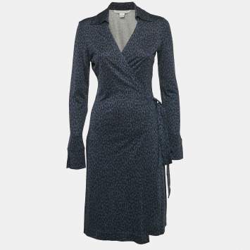 Pre Owned Diane Von Furstenberg Navy Blue Animal Print Silk Jersey Cybil Wrap Dress M