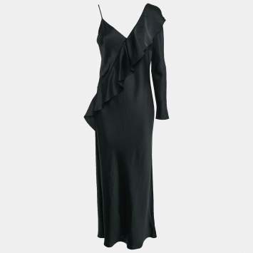 Pre Owned Diane Von Furstenberg Black Satin Ruffled One-Shoulder Long Dress M