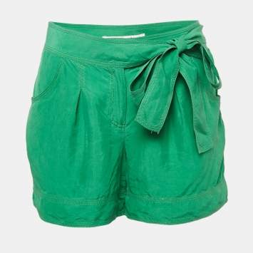 Pre Owned Diane Von Furstenberg Green Silk Belted Shorts M