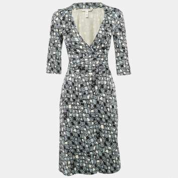 Pre Owned Diane Von Furstenberg Blue Printed Silk Jersey Wrap Dress M