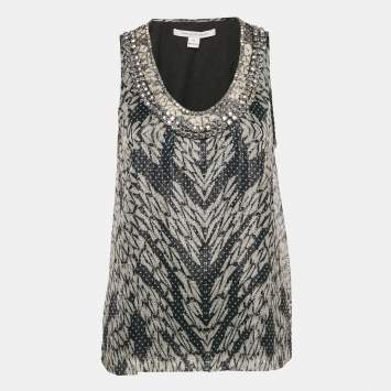 Pre Owned Diane Von Furstenberg Metallic Printed Silk Lurex Stud Detail Sleeveless Ade Top M