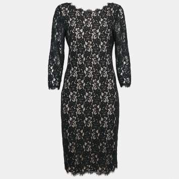 Pre Owned Diane Von Furstenberg  Black Lace Colleen Long Sheath Dress L