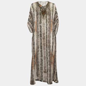 Pre Owned Diane von Furstenberg Grey Printed Silk Clare Beaded Sheer Maxi Kaftan L