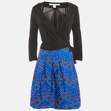 Pre Owned Diane Von Furstenberg Black/Blue Printed Wool Blend and Jersey Wrap Dress M