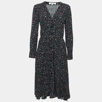Pre Owned Diane Von Furstenberg Black Dot Print Crepe Button Front Midi Dress S