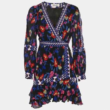 Pre Owned Diane Von Furstenberg Black Floral Print Textured Crepe Wrap Mini Dress S