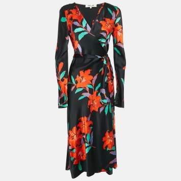 Pre Owned Diane Von Furstenberg Black Floral Print Satin Maxi Wrap Dress M