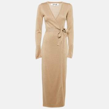 Pre Owned Diane Von Furstenberg Gold Lurex Knit Wrap Dress XS