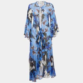 مملوكة مسبقًا Diane Von Furstenberg Blue Abstract Print Silk Ruffled Cover-Up XXS