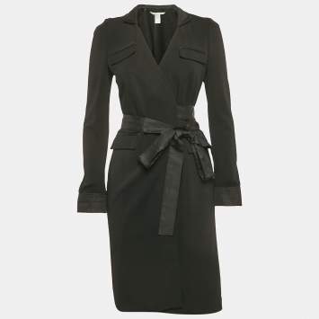 Pre Owned Diane Von Furstenberg Black Wool Mandilynn Wrap Dress S