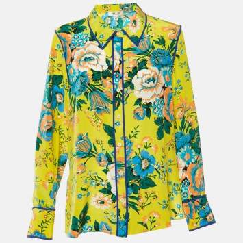 Pre Owned Diane von Furstenberg Yellow Floral Print Silk Button Front Shirt XL