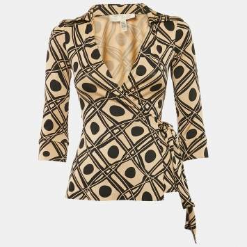 Pre Owned Diane von Furstenberg Beige/Black Printed Silk Jersey Jill Wrap Top XS