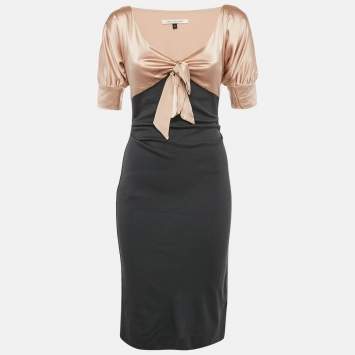 Pre Owned Diane Von Furstenberg Pink/Grey Silk and Wool Knit Bow Detail Short Kitt Dress S
