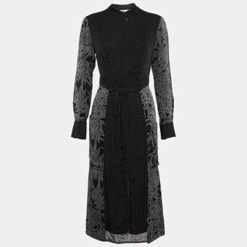 Pre Owned Diane Von Furstenberg Black Printed Silk Button Front Midi Dress S
