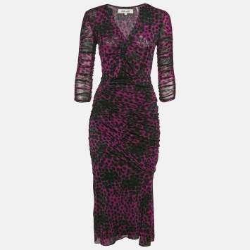 Pre Owned Diane Von Furstenberg Pink/Black Printed Stretch Mesh Ruche Detail Midi Dress S