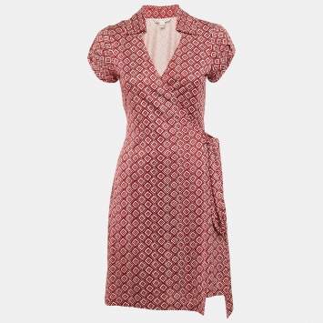 Pre Owned Diane Von Furstenberg Red Printed Silk Jersey Jilda Wrap Dress M