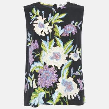 Diane Von Furstenberg Black Floral Print Silk Sleeveless Top M