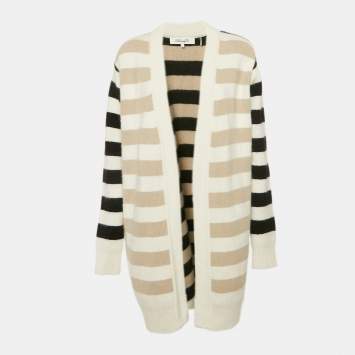 Pre Owned Diane Von Furstenberg Beige/Black Striped Angora Wool Long Cardigan S