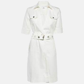 Pre Owned Diane Von Furstenberg White Denim Mead Wrap Dress M