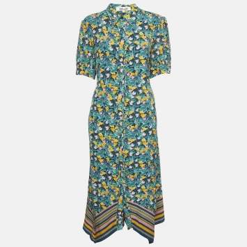 Pre Owned Diane Von Furstenberg Multicolor Satin Printed Button Front Midi Dress L