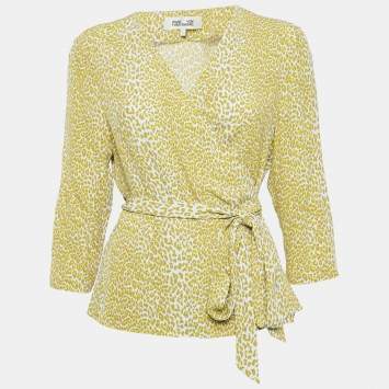 Pre Owned Diane Von Furstenberg Yellow Leopard Print Silk Wrap Top L