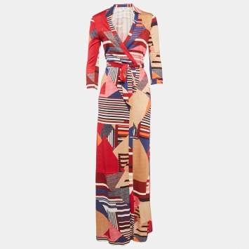 Pre Owned Diane Von Furstenberg Multicolor Geometric Print Silk Abigail Wrap Maxi Dress M