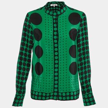 Diane Von Furstenberg Green Polka Dot Silk Button Front Shirt L 