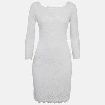 Pre Owned Diane Von Furstenberg White Lace Mini Dress M