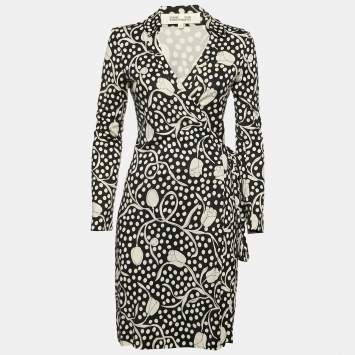 Pre Owned Diane Von Furstenberg Navy Blue/White Floral Print Jersey Wrap Dress S