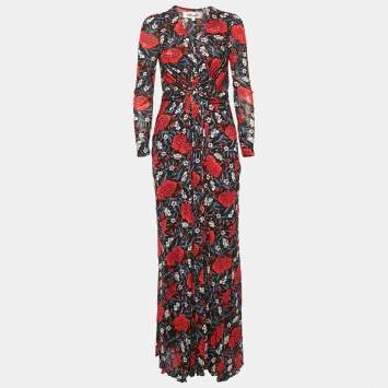 Pre Owned Diane Von Furstenberg Black Floral Print Jersey Long Sleeve Maxi Dress L 