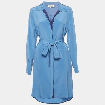 Pre Owned Diane Von Furstenberg Blue Silk Belted Shirt Dress L
