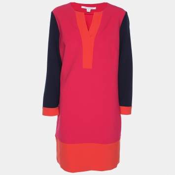 Pre Owned Diane Von Furstenberg Pink Colorblock Crepe Shift Dress L