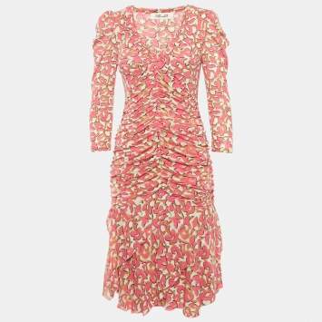 Diane Von Furstenberg Pink Printed Mesh Ruched Dress M