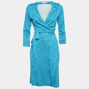 Pre Owned Diane Von Furstenberg Blue Printed Silk Short Wrap Dress M