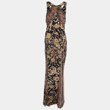Pre Owned Diane Von Furstenberg Black Printed Silk Halter Neck Dress S