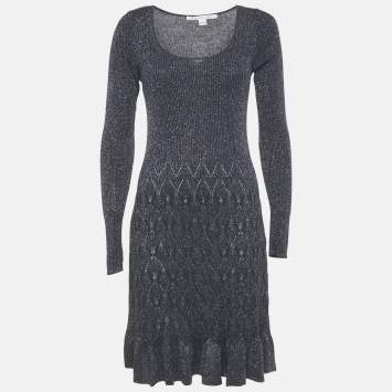Pre Owned Diane Von Furstenberg Midnight Blue Lurex Knit Mini Dress L