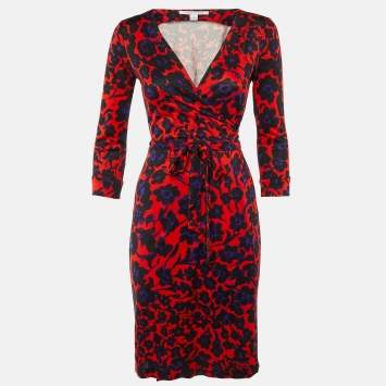 Pre Owned Diane Von Furstenberg Multicolor Printed Silk Jersey Wrap Dress S