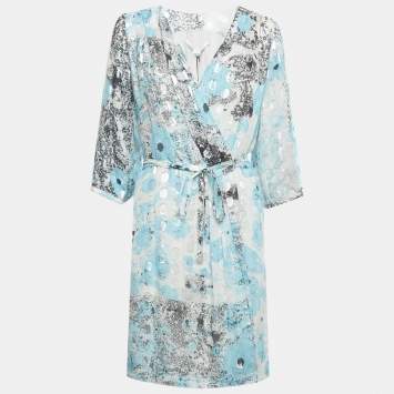 Pre Owned Diane Von Furstenberg Blue /Sliver Printed Met Dot Silk Short Wrap Dress L