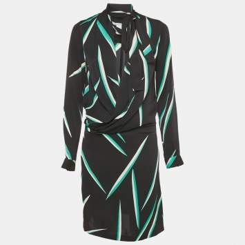 Pre Owned Diane Von Furstenberg Black Printed Crepe Mini Dress S