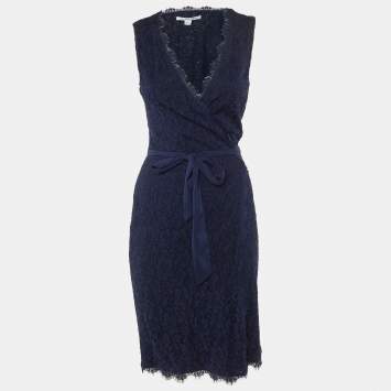 Pre Owned Diane Von Furstenberg Navy Blue Lace Julianna Wrap Dress M