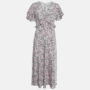 Pre Owned Diane Von Furstenberg Mauve Printed Silk Frill Detail Maxi Dress S